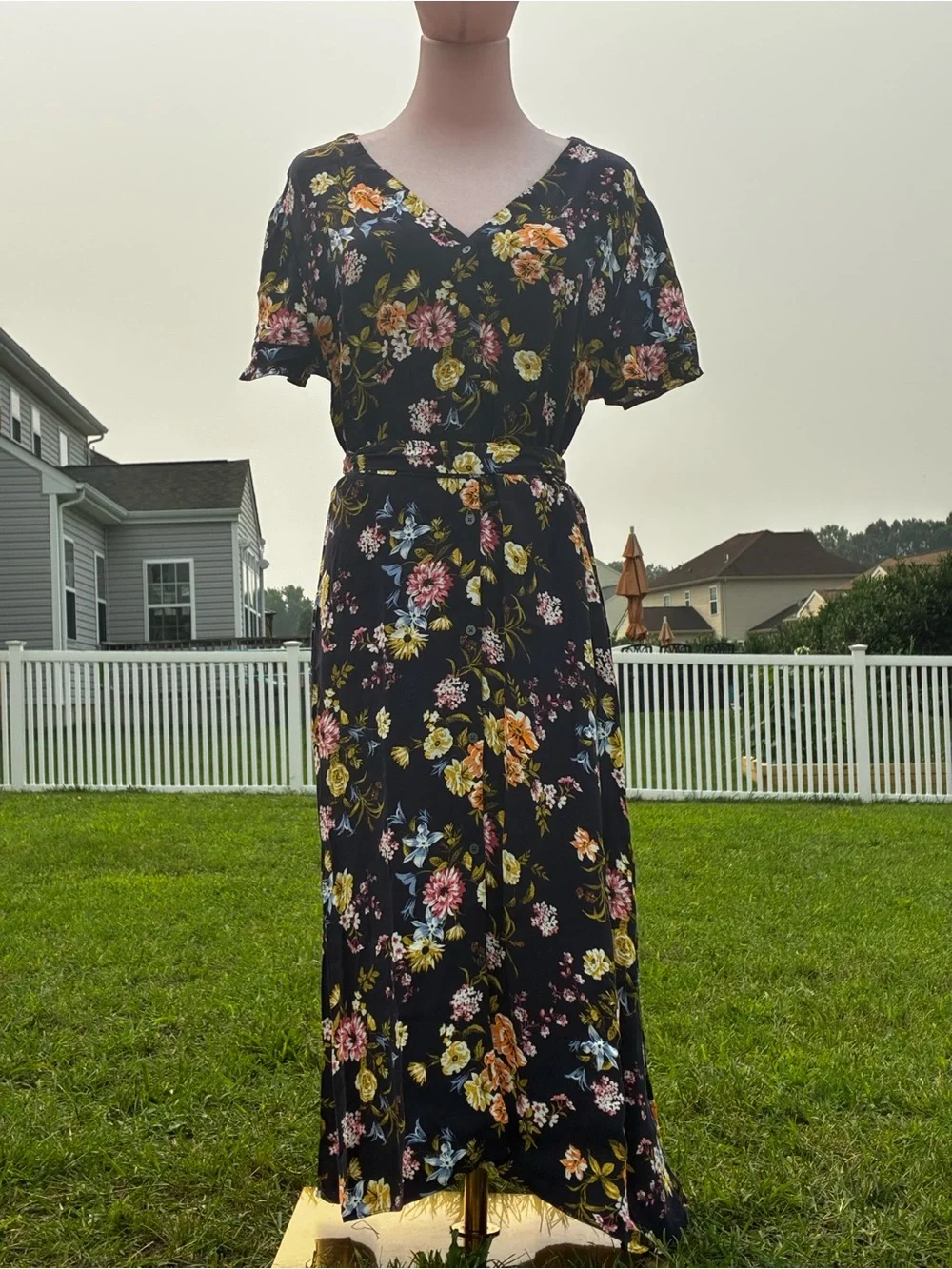 LOFT Black Floral Maxi Dress with Pink, Yellow & Blue Blooms Size 14 - Picture 1 of 4